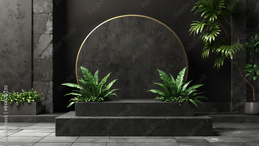 3D dark marble bars and leaves 3D dark marble bars and leaves