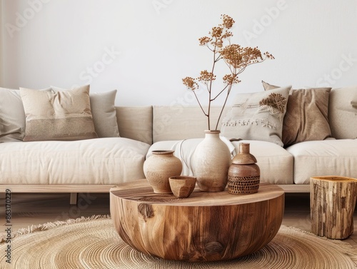 Round wooden coffee tbale near wooden sofa with beige pillows. Scandinavian home interior design of modern living room. photo