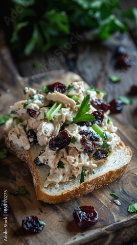 Chicken salad sandwich with cranberries and parsley on a wooden cutting board © Salsabila Ariadina