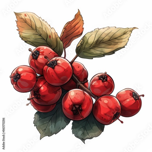 A vibrant illustration of a branch with bright red hawthorn berries and autumn leaves photo
