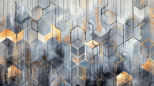 A big cluster line wall mural in shades of grey and gold on non-woven fabric, featuring abstract geometric patterns, ideal for a modern coffee shop ambiance.