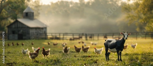 Scenic farm with grazing goat and chickens, serene rural landscape in morning light, rustic barn in background. photo