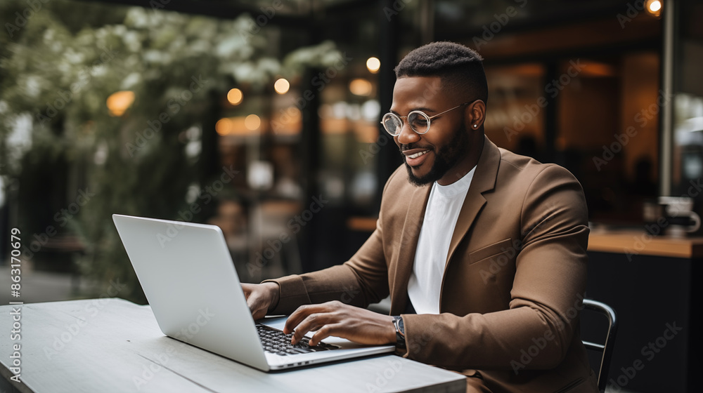 A black man in the workplace sits at a laptop computer A black man in the workplace sits at a laptop computer