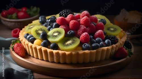 Appetizing fruit tart in photo product setup.