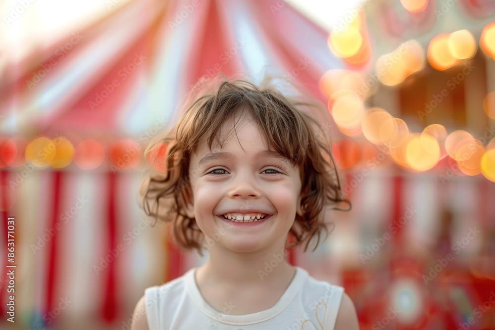 A joyful child with a gleeful smile against a blurred circus tent background. A joyful child with a gleeful smile against a blurred circus tent background.