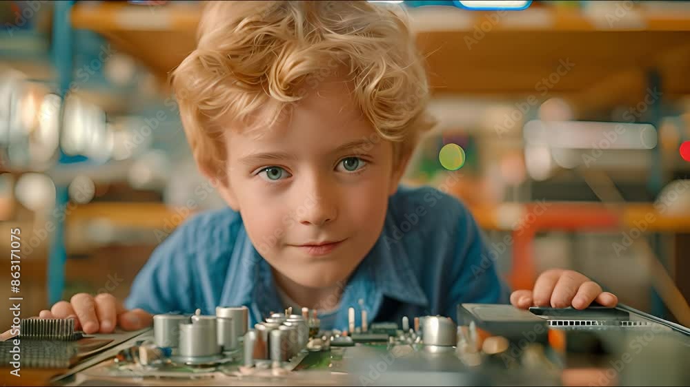 In STEM class, a blonde boy wearing a blue shirt is observing a motherboard, thinking, and grinning. In STEM class, a blonde boy wearing a blue shirt is observing a motherboard, thinking, and grinning.