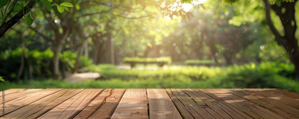 A wooden table with a view of a park. The table is empty and the park is full of trees. Free copy space for text. A wooden table with a view of a park. The table is empty and the park is full of trees. Free copy space for text.