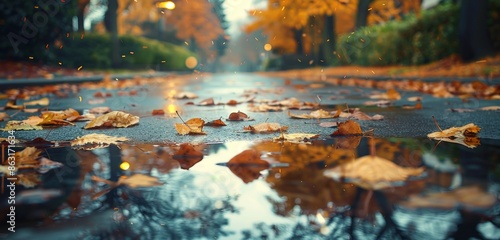 Wet Pavement With Fallen Autumn Leaves Reflecting in Puddle