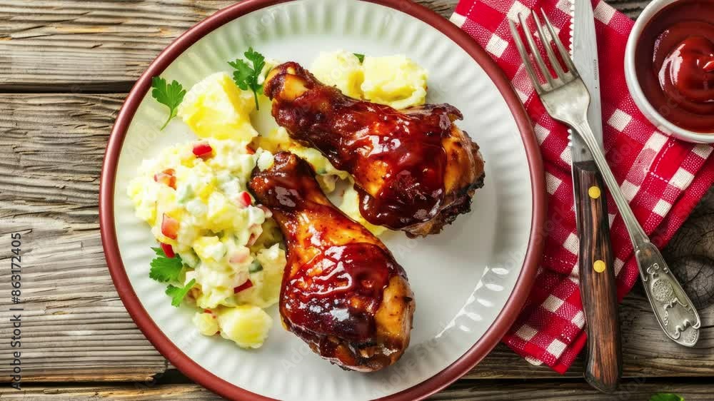 Delicious Plate of BBQ Chicken and Potato Salad on a Wooden Table Shot from Above. Delicious Plate of BBQ Chicken and Potato Salad on a Wooden Table Shot from Above.
