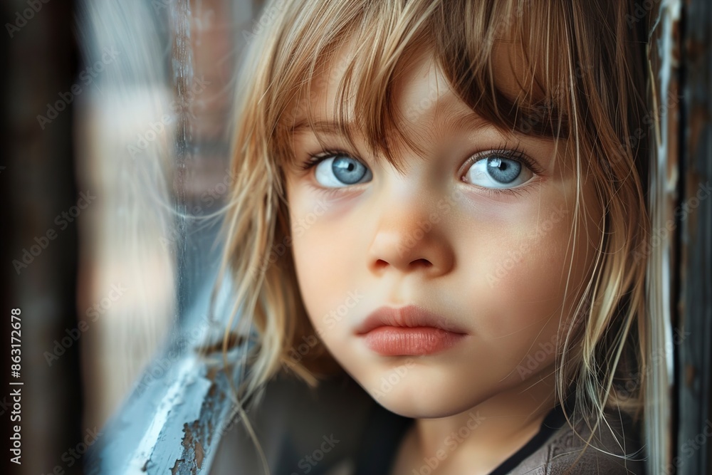 A Serious child attentively looks out of the window A Serious child attentively looks out of the window
