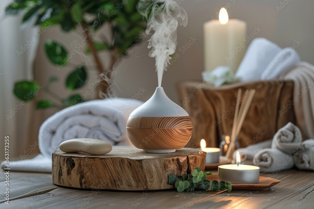 Luxurious Spa Room with Elegant Air Freshener Diffuser, Candles, and Soft Towels - Perfect Zen Ambiance Luxurious Spa Room with Elegant Air Freshener Diffuser, Candles, and Soft Towels - Perfect Zen Ambiance