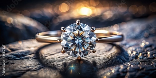 Luxurious solitary diamond ring glimmers on a dark coal background, its brilliant facets softened by a gentle focus, evoking elegance and sophistication in a moody setting. photo