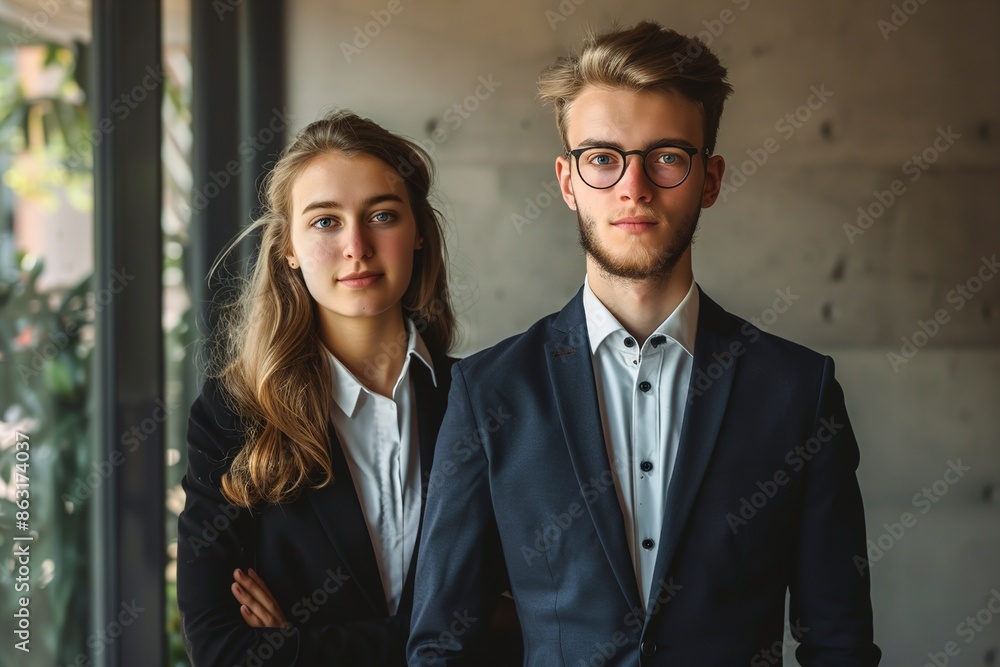 An A confident young businessman and businesswoman standing An A confident young businessman and businesswoman standing