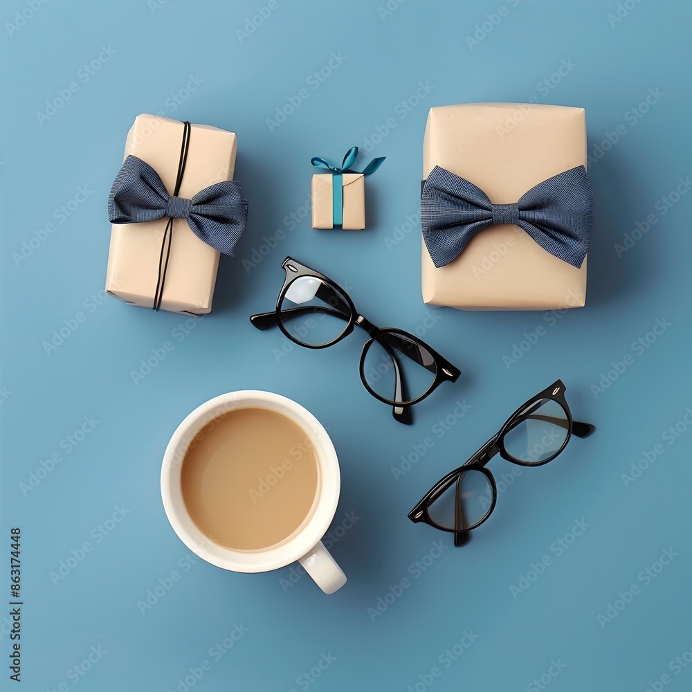 Modern Minimalist Flat Lay Highlighting Father's Day Gifts Accessories on Serene Azure Surface Modern Minimalist Flat Lay Highlighting Father's Day Gifts Accessories on Serene Azure Surface