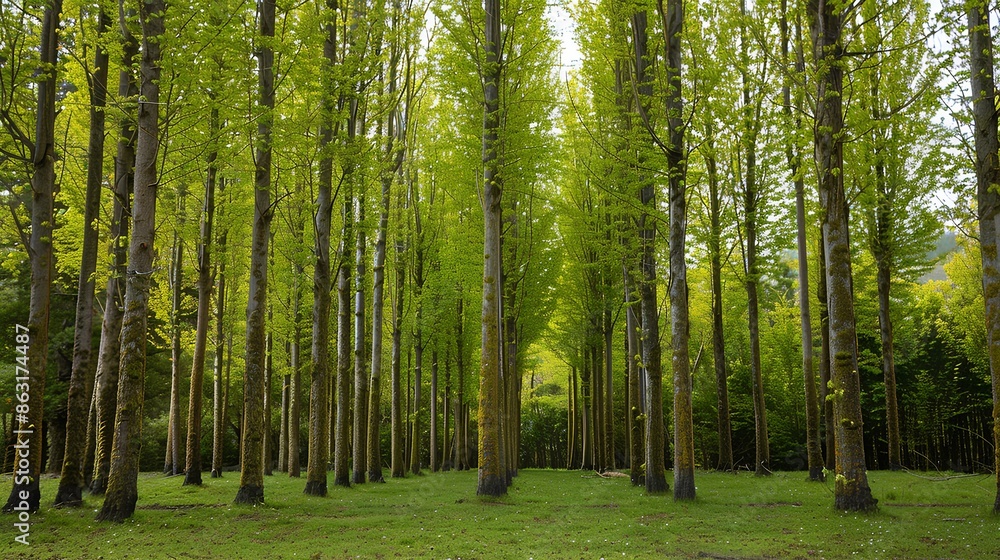 Obraz premium A forest of poplar trees with green leaves, neatly arranged in rows and standing tall against the backdrop of lush grass, offering shade to those who want it