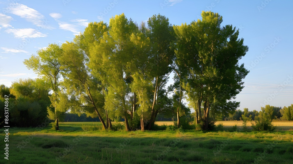 A photo of several willow trees in the middle of an open field, with the late afternoon sun shining on them, a blue sky, and green grass A photo of several willow trees in the middle of an open field, with the late afternoon sun shining on them, a blue sky, and green grass