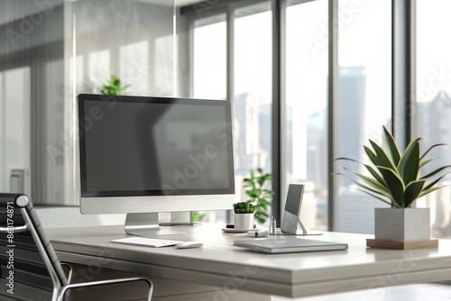 Wallpaper Mural Modern Office Workspace with Air Freshener on Sleek Desk and Panoramic City View in Bright Room Torontodigital.ca