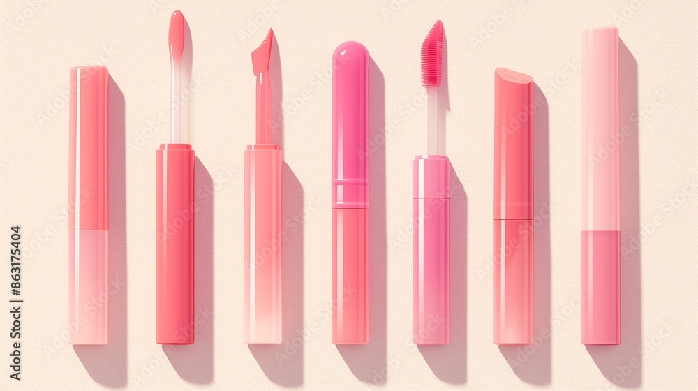Pink lip gloss, Lipstick package, Cap set isolated, Mockup. Pink lip gloss, Lipstick package, Cap set isolated, Mockup.