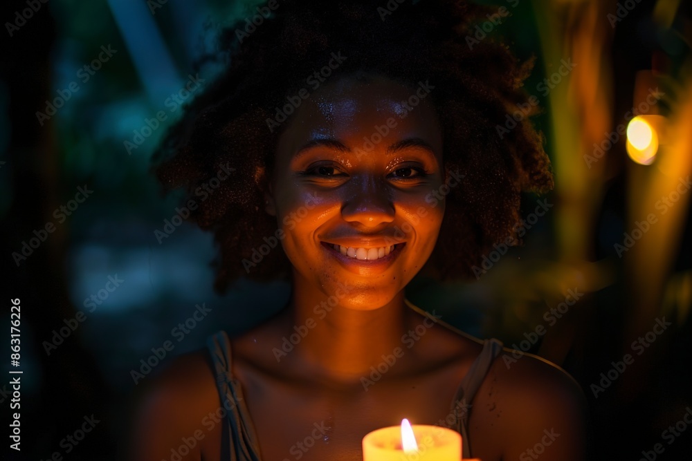 young woman smiles holding a candle illuminating young woman smiles holding a candle illuminating