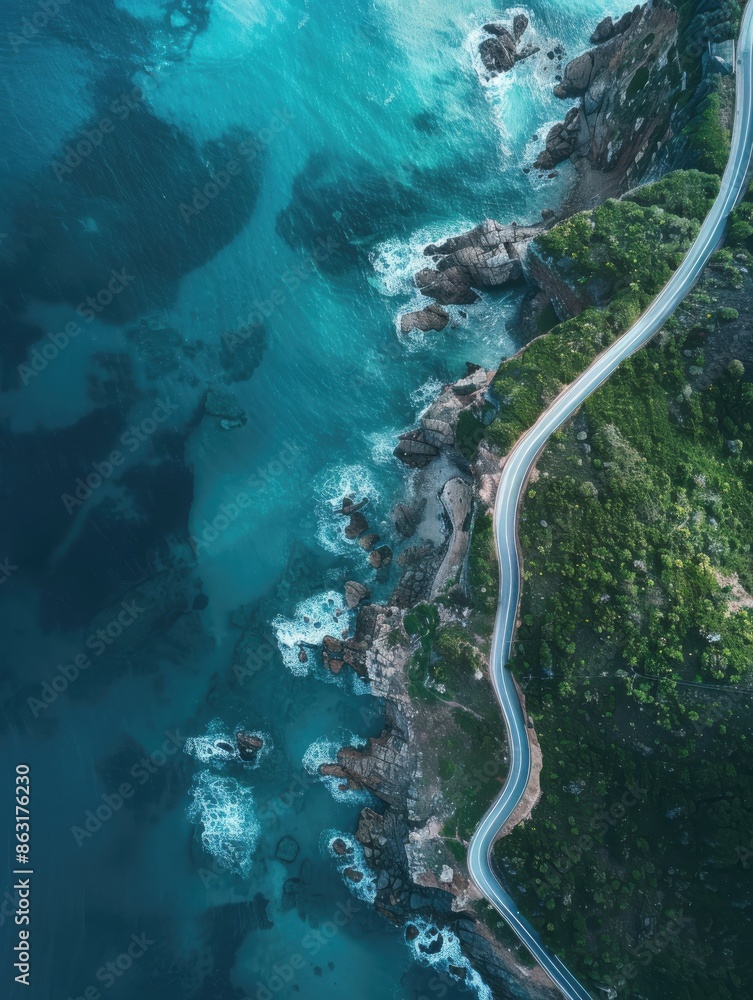 Top view photo of a scenic coastal road, isolated on a dark green background Top view photo of a scenic coastal road, isolated on a dark green background