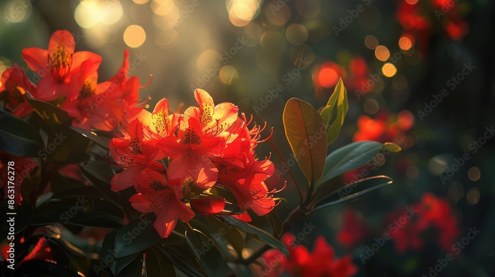 Rhododendron s red flowers under the sunlight Rhododendron s red flowers under the sunlight