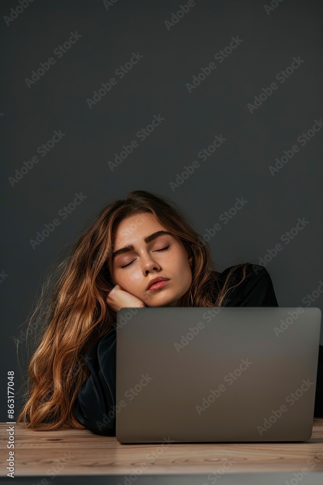 businesswoman sleeping on laptop on gray background businesswoman sleeping on laptop on gray background