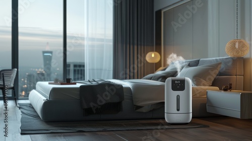 Modern Bedroom with Smart Air Humidifier and High-Tech Comfort for Enhanced Living Spaces