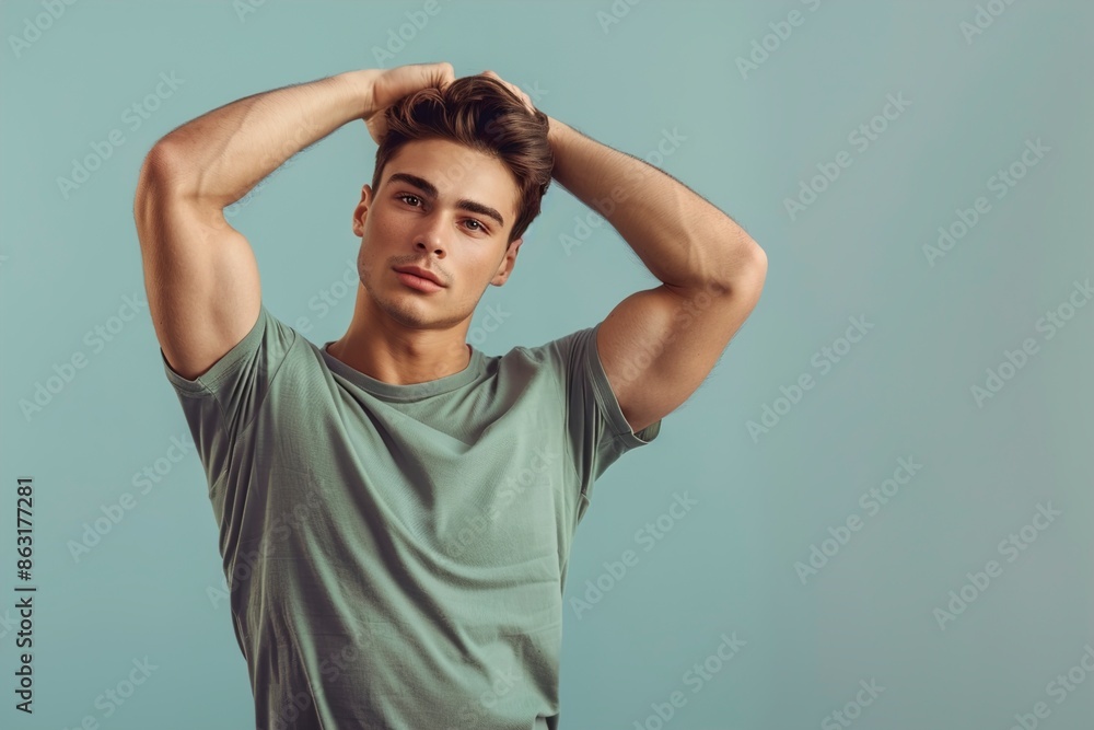 Attractive male model in casual t-shirt does model test Attractive male model in casual t-shirt does model test
