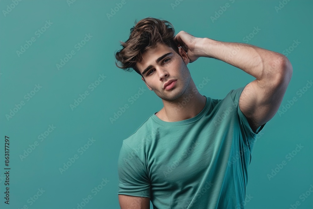 Attractive male model in casual t-shirt does model test Attractive male model in casual t-shirt does model test