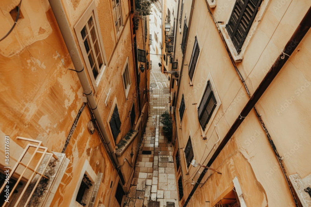 Top view photo of a narrow alleyway in an old town, isolated on a light brown background Top view photo of a narrow alleyway in an old town, isolated on a light brown background