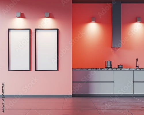 A modern kitchen with a coral wall displaying two empty frames in a vertical arrangement, each highlighted by individual spotlights for a fresh, energetic feel. © Fahad