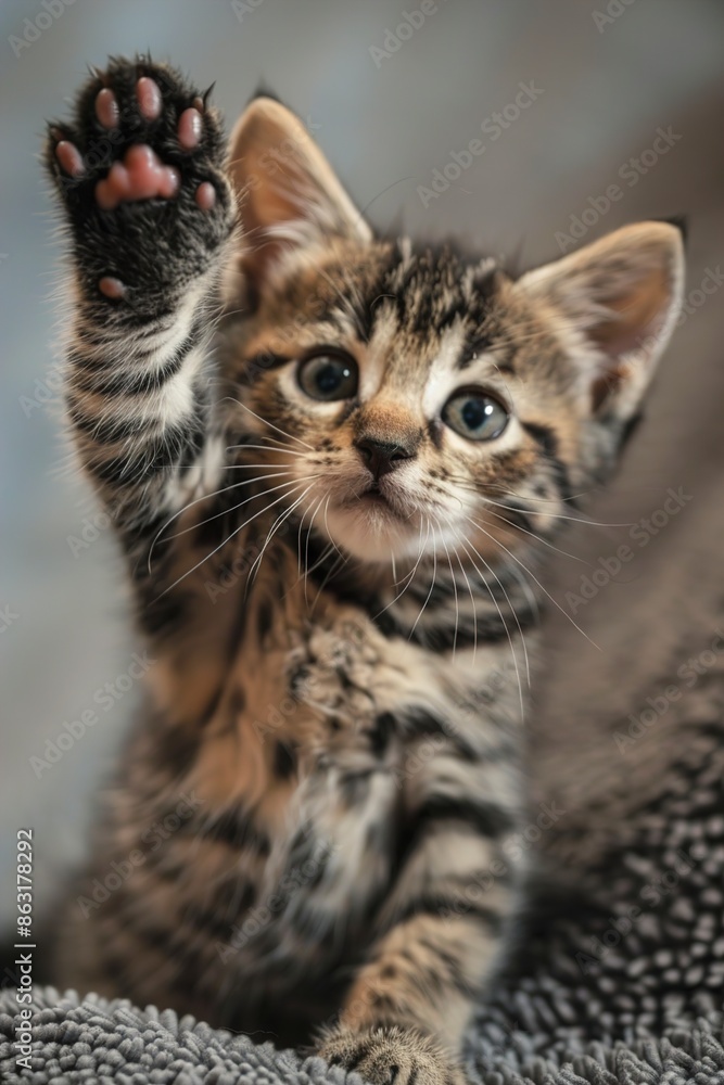 Cute tabby kitten with paw in air saying hello. Little Cute tabby kitten with paw in air saying hello. Little
