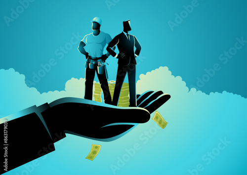Vector illustration of a hand holding both blue collar and white collar workers. Perfect for business presentations and labor-related campaigns, it symbolizes workforce diversity and collaboration
