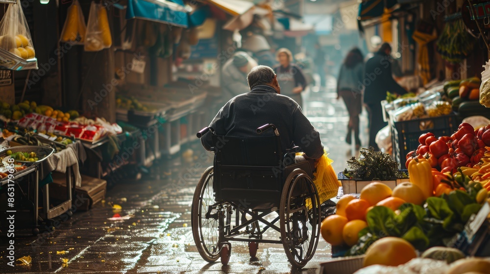 Wheelchair User at Farmers' Market Selecting Fresh Produce for Healthy Living Wheelchair User at Farmers' Market Selecting Fresh Produce for Healthy Living