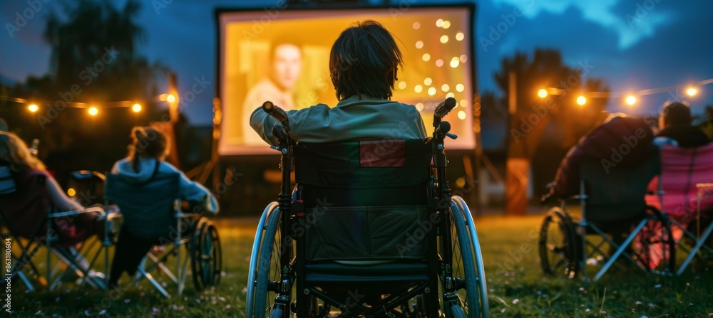 Obraz premium Wheelchair User Enjoying Outdoor Cinema Under the Stars with Friends - Summer Evening Movie Night