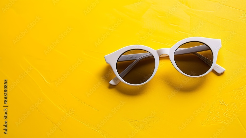 A pair of stylish white sunglasses rests on a bright yellow background A pair of stylish white sunglasses rests on a bright yellow background