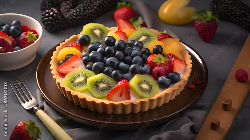 Appetizing fruit tart in photo product setup. Appetizing fruit tart in photo product setup.