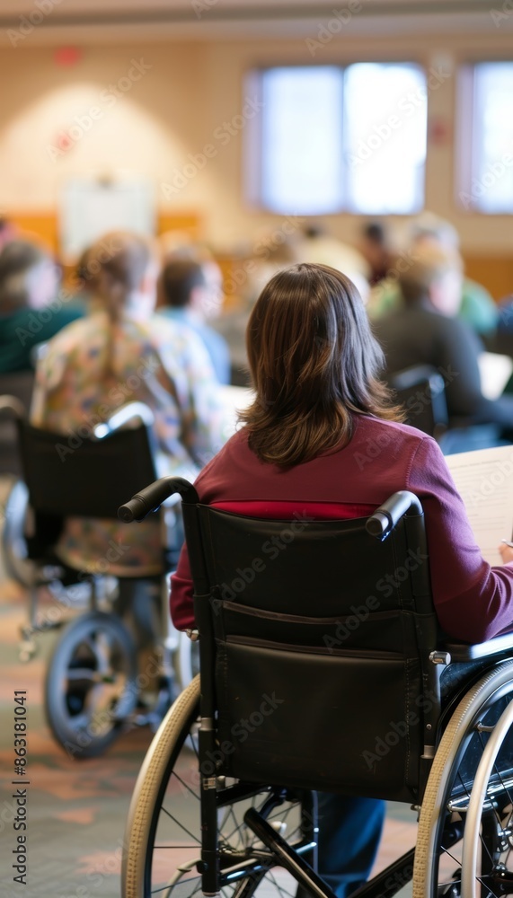Professional Development Seminar with Wheelchair User Taking Notes, Engaging in Discussion Professional Development Seminar with Wheelchair User Taking Notes, Engaging in Discussion