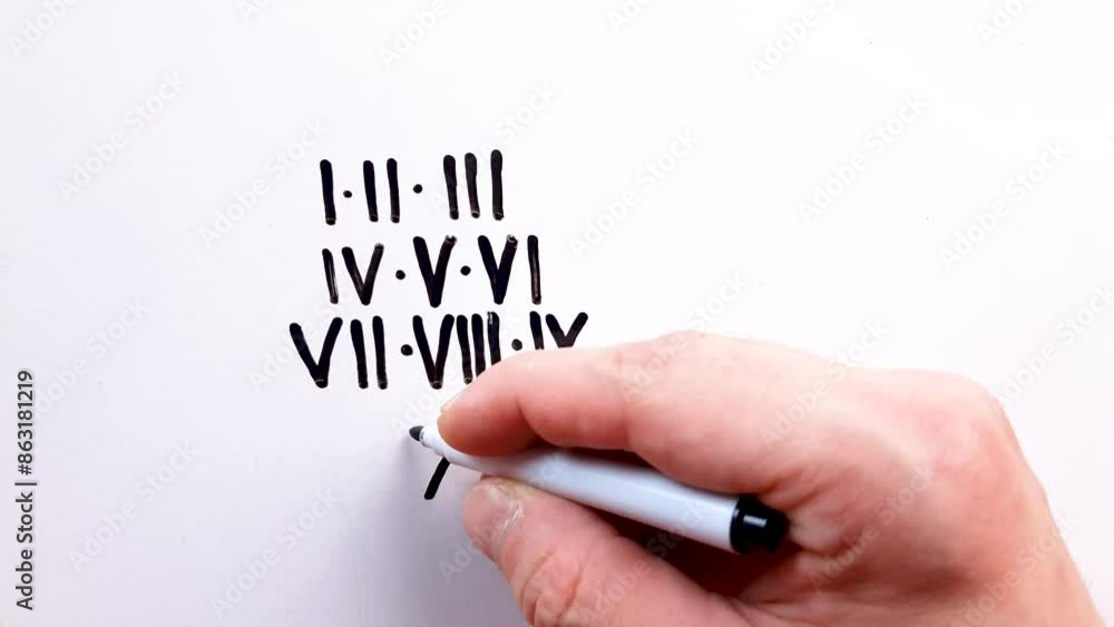 Roman numerals written with a marker on a white board. Roman numerals from 1 to 10, I to X Roman numerals written with a marker on a white board. Roman numerals from 1 to 10, I to X