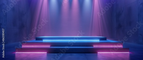Three-Tiered Platform Illuminated By Pink And Blue Neon Lights In A Dark Room