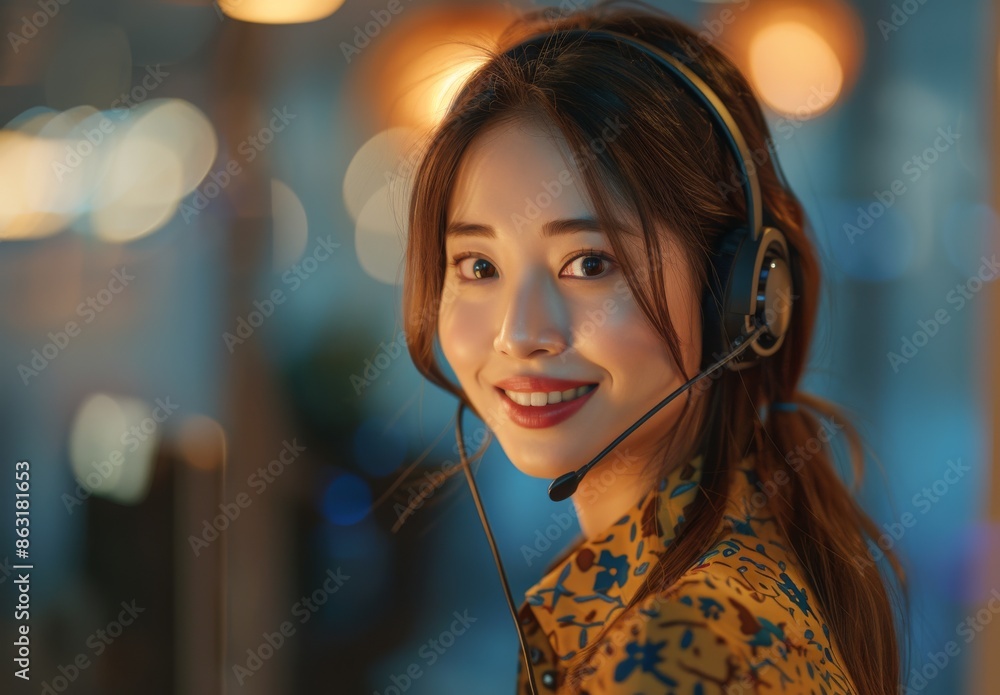 Close up of a smiling female customer service or support worker wearing a headset in an office Close up of a smiling female customer service or support worker wearing a headset in an office