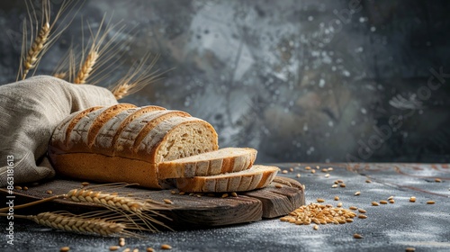 Sliced bread with wheat grains and wheat ear in studio settings.