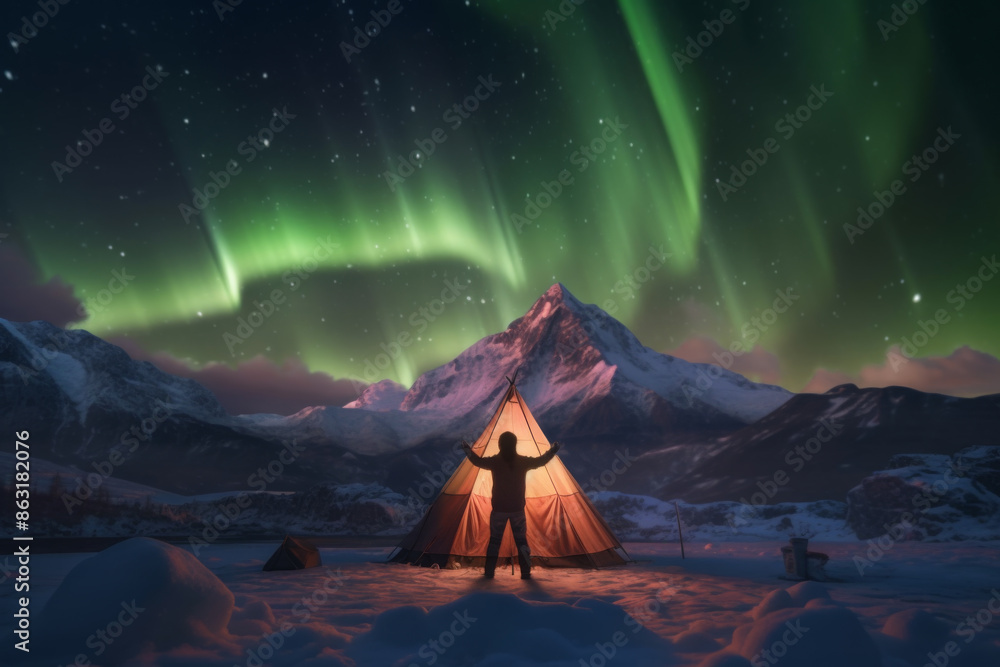 person standing among Northern Lights person standing among Northern Lights