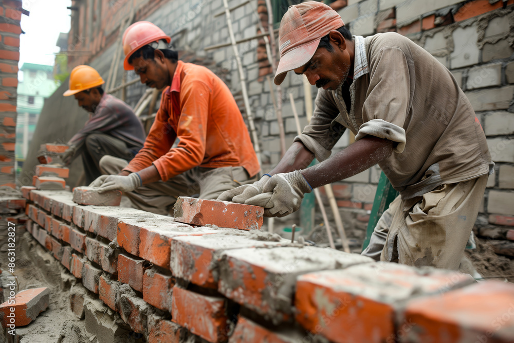 Construction Workers Laying Bricks in Urban Setting Construction Workers Laying Bricks in Urban Setting