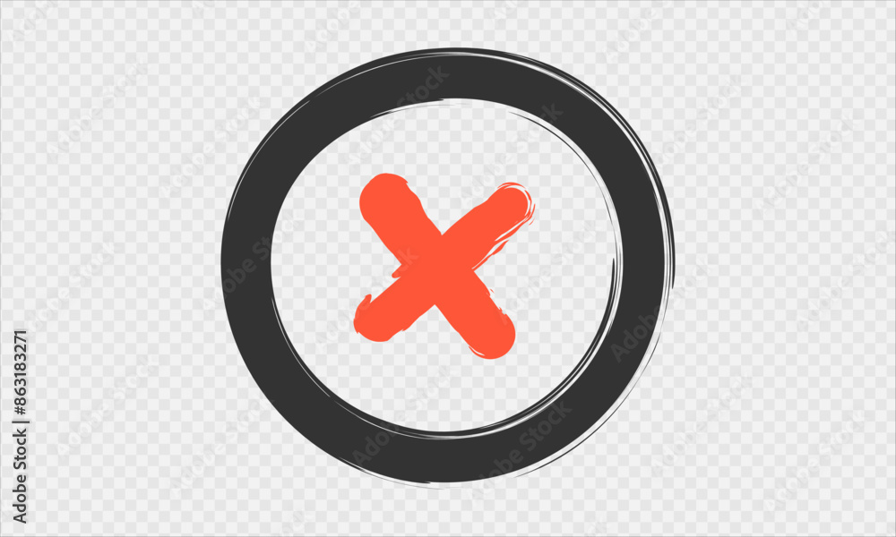 Fototapeta premium Cross Check Mark Hand Drawn Icon.Ink brush Doodle x mark for list items, checkbox.No sign isolated on a transparent background.Vector illustration EPS10