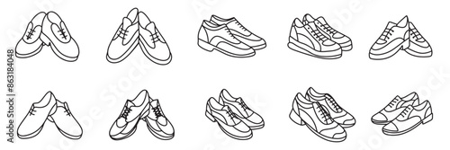 Collection of men's shoes in doodle style. Hand draw vector art.