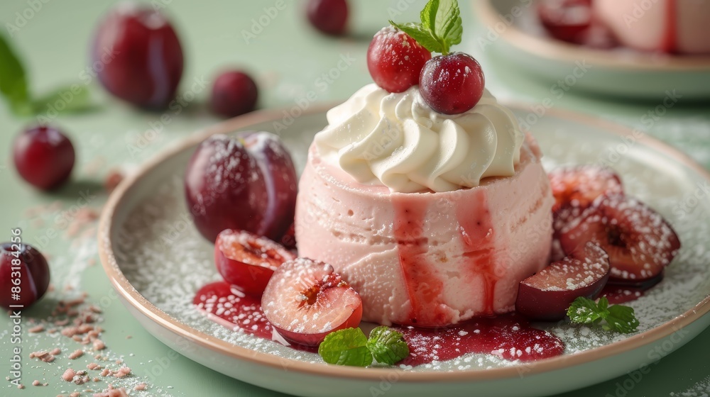 Plum mousse dessert with a generous topping of whipped cream, displayed on a pale green background, artistic presentation with soft lighting and shadows Plum mousse dessert with a generous topping of whipped cream, displayed on a pale green background, artistic presentation with soft lighting and shadows