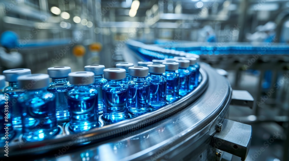 Rows of blue-filled vials in a sterile pharmaceutical plant, conveyor belt transporting them for packaging, advanced manufacturing technology, cleanroom environment Rows of blue-filled vials in a sterile pharmaceutical plant, conveyor belt transporting them for packaging, advanced manufacturing technology, cleanroom environment