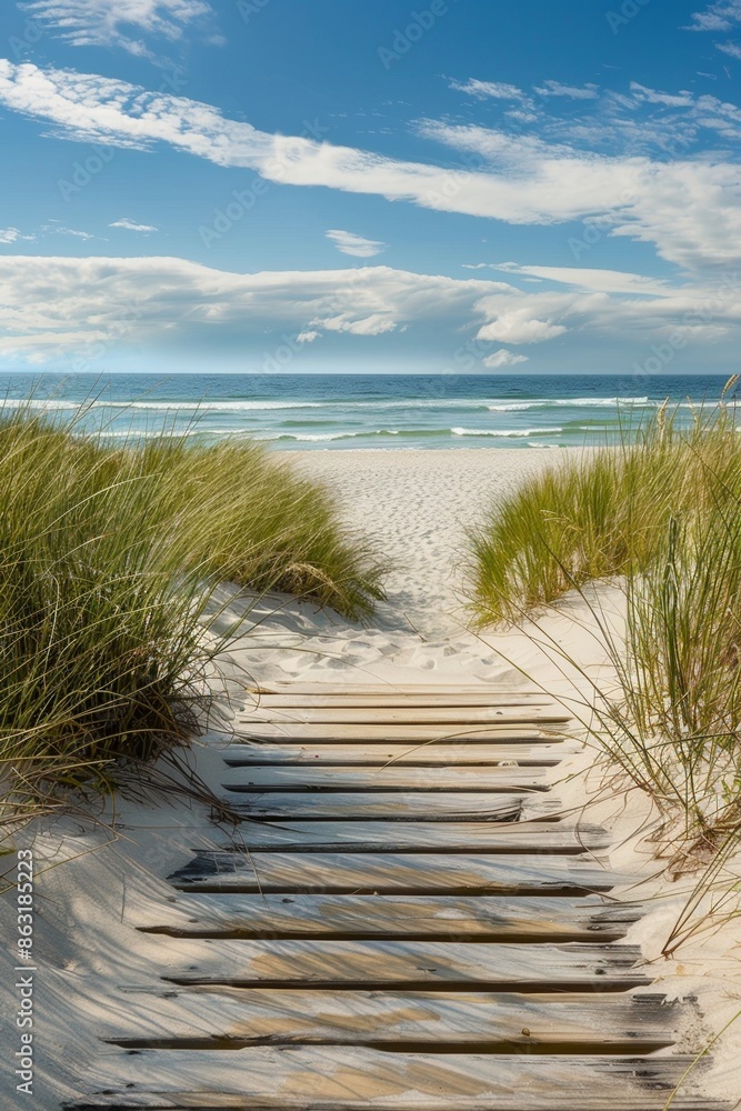 Walkway at sandy beach leading tropical sea with grass