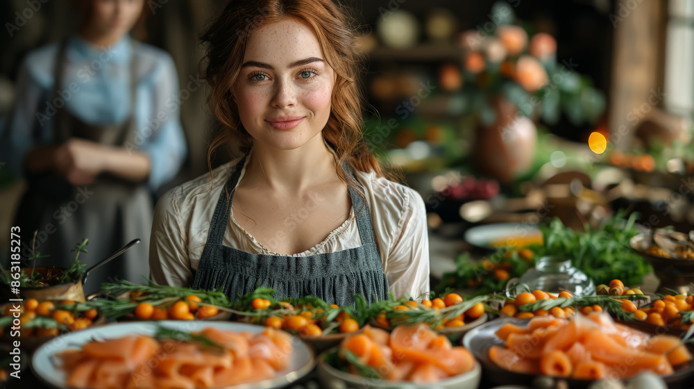 A woman is standing in front of a table full of food, including a large plate of carrots A woman is standing in front of a table full of food, including a large plate of carrots